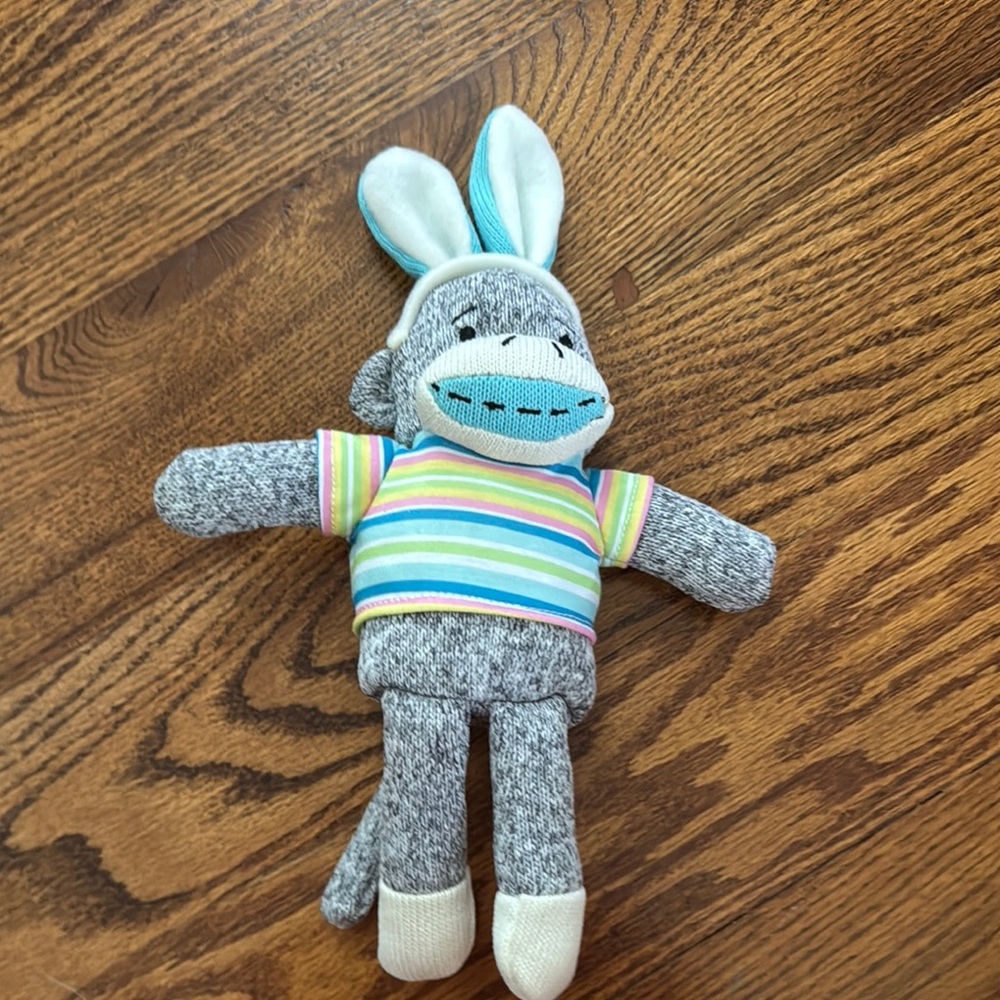Gray Sock Monkey Bunny Toy with Striped Shirt